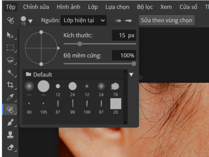 Điều chỉnh kích thước đầu cọ trên thanh công cụ