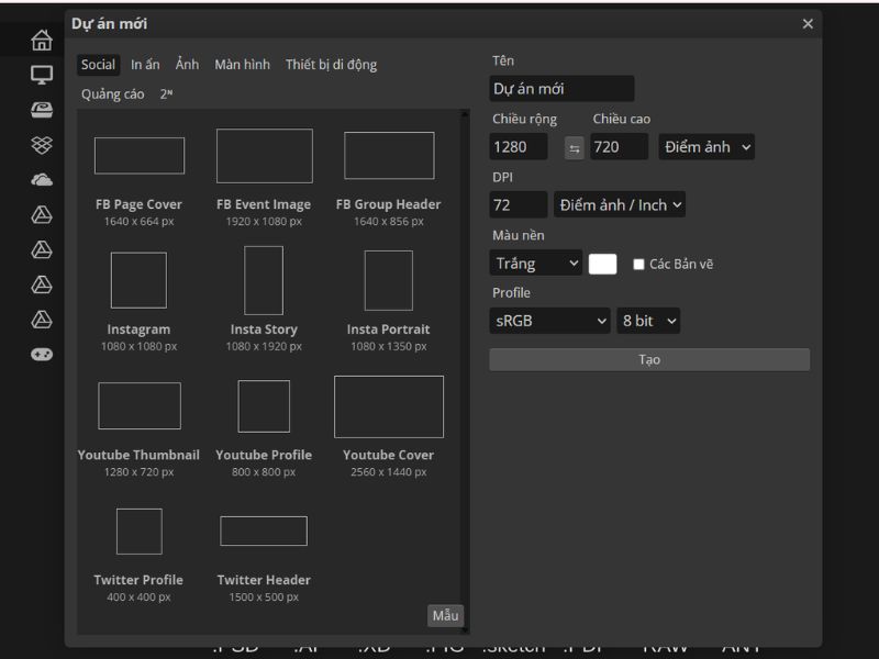 Mở dự án mới trên Photoshop Online