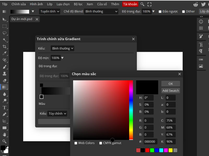 Mở hộp thoại chỉnh sửa Gradient