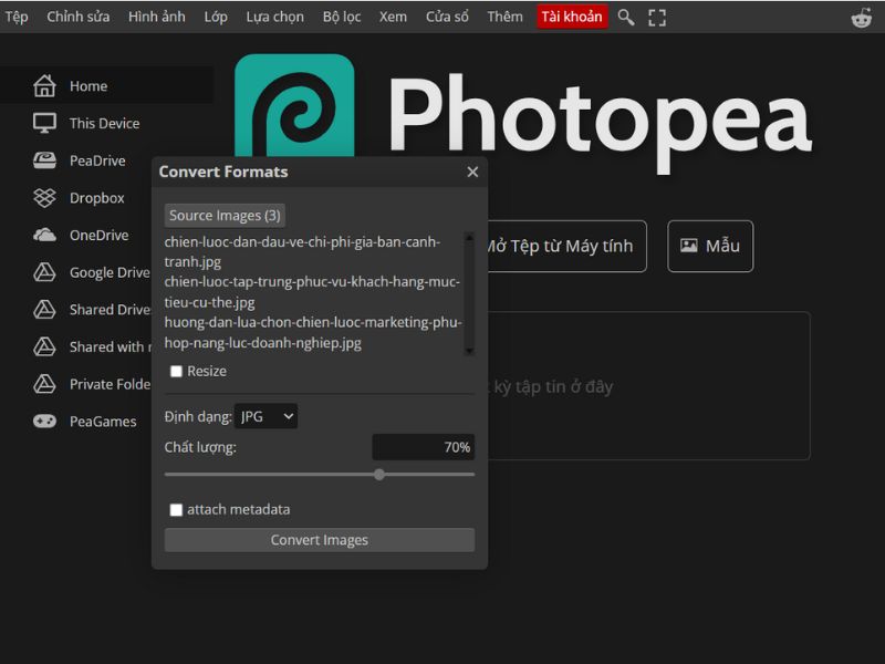 Thiết lập định dạng PNG trong mục Format đầu ra