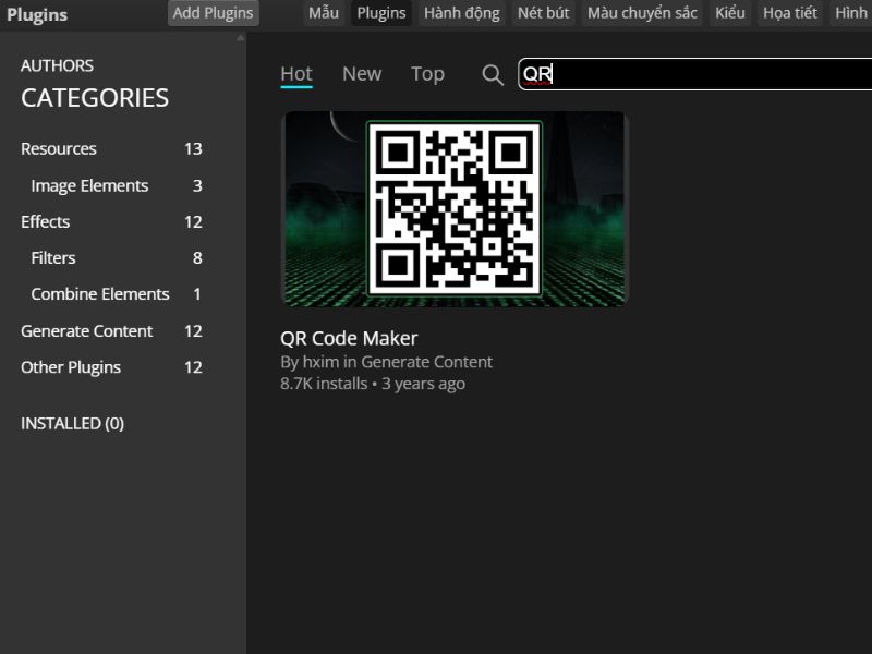 Tìm kiếm QR code trong thanh tìm kiếm