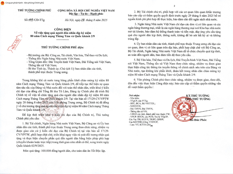 Công điện số 149/CĐ-TTg ngày 28/8/2025